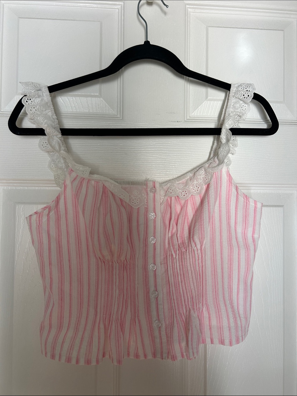 Lush Pink & White Striped Lace-Trim Camisole Top